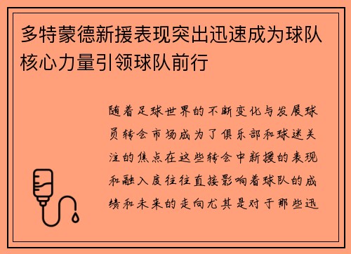 多特蒙德新援表现突出迅速成为球队核心力量引领球队前行