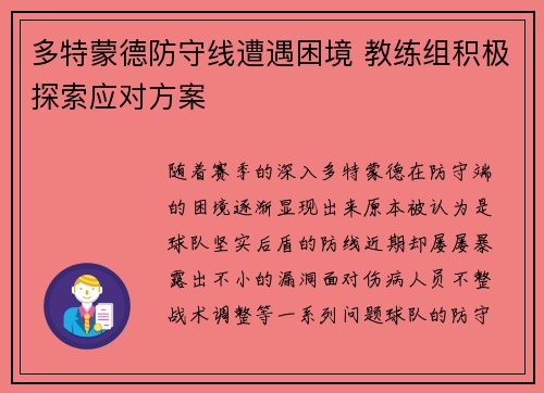 多特蒙德防守线遭遇困境 教练组积极探索应对方案