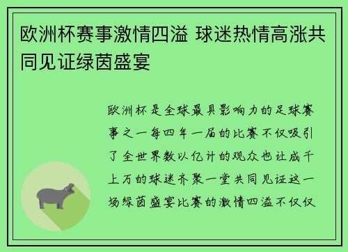 欧洲杯赛事激情四溢 球迷热情高涨共同见证绿茵盛宴