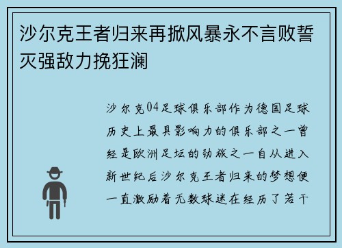 沙尔克王者归来再掀风暴永不言败誓灭强敌力挽狂澜