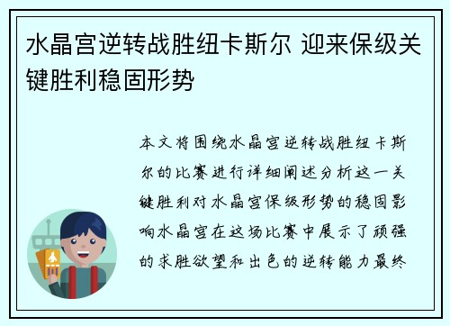 水晶宫逆转战胜纽卡斯尔 迎来保级关键胜利稳固形势