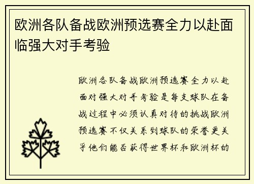 欧洲各队备战欧洲预选赛全力以赴面临强大对手考验